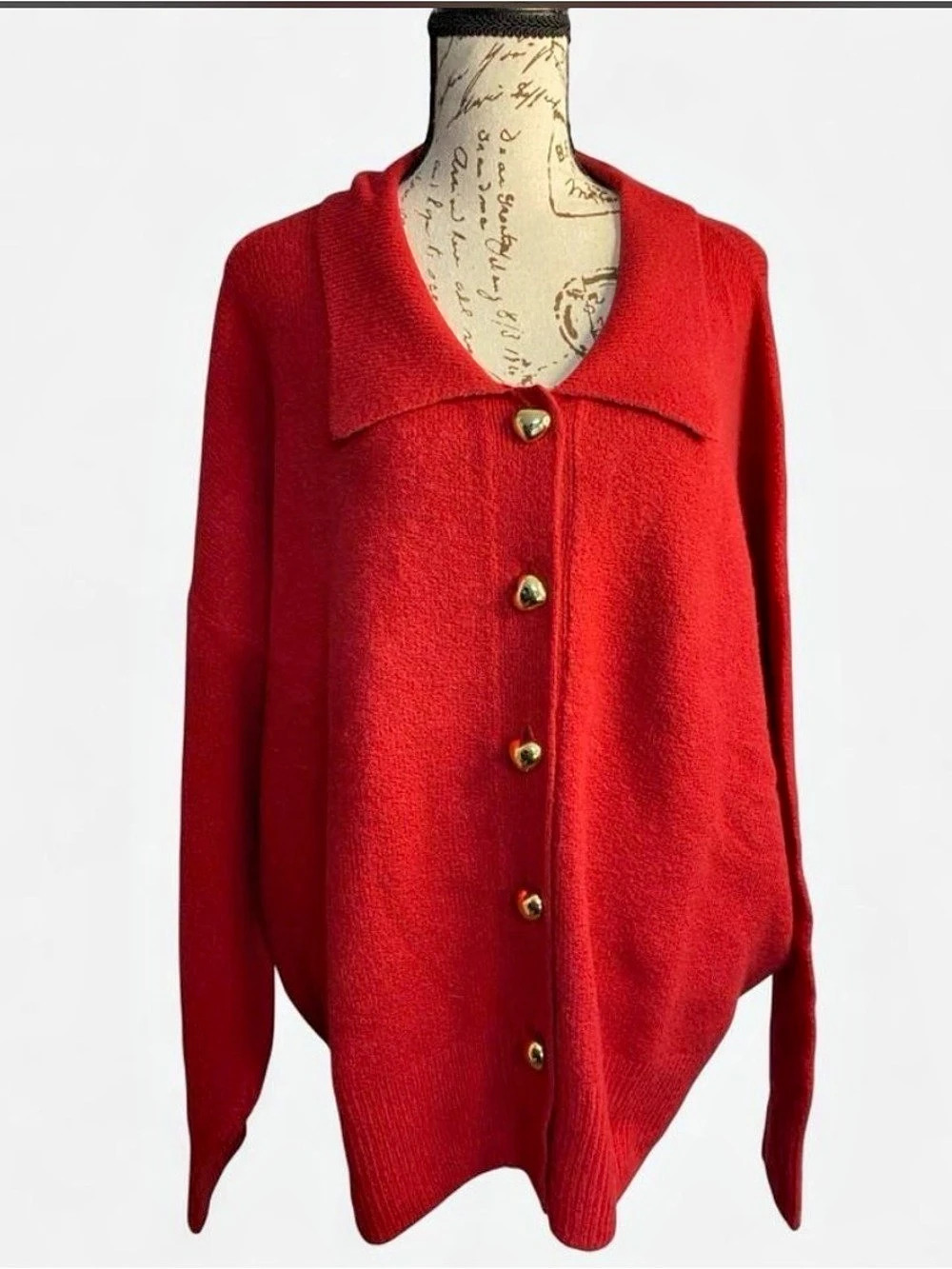 a new day Long Sleeve Heart Button Cardigan Sweater Red 2X